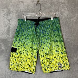 Pelagic Board Shorts Mens 34 Dorado Green Yellow Blue Mahi Print Fishing Trunks